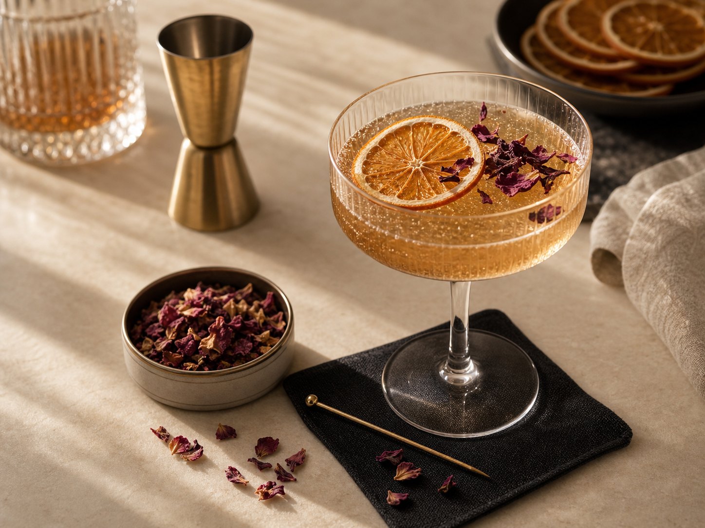 Cocktail serve with dehydrated citrus garnish and botanical finish