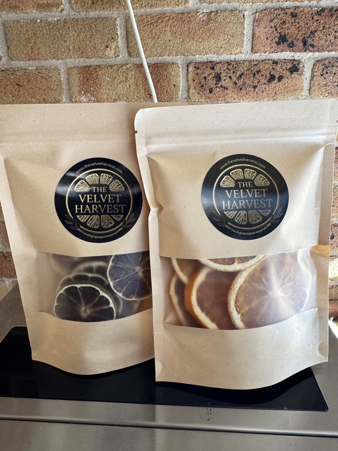 The Velvet Harvest branded citrus pouches for pre-launch orders