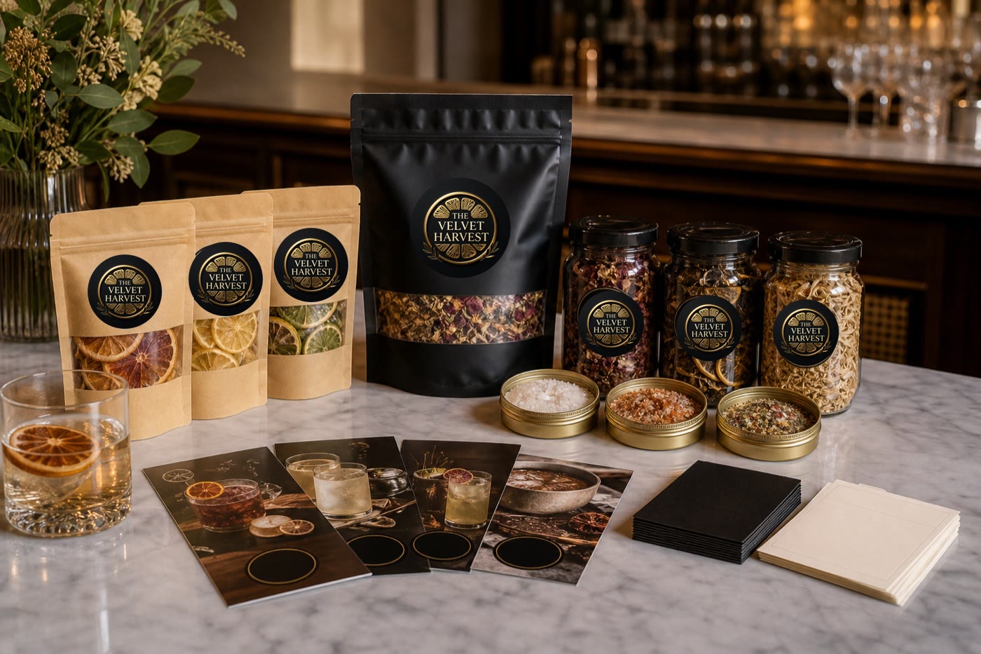 The Velvet Harvest collaboration table with branded pouches, jars, tins and tasting cards