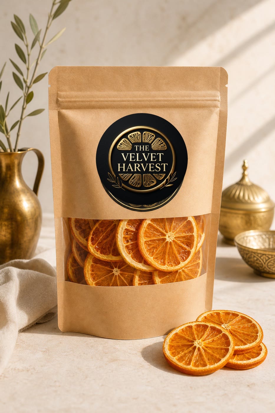 Velvet Orange Wheels branded retail pouch with dehydrated orange garnish