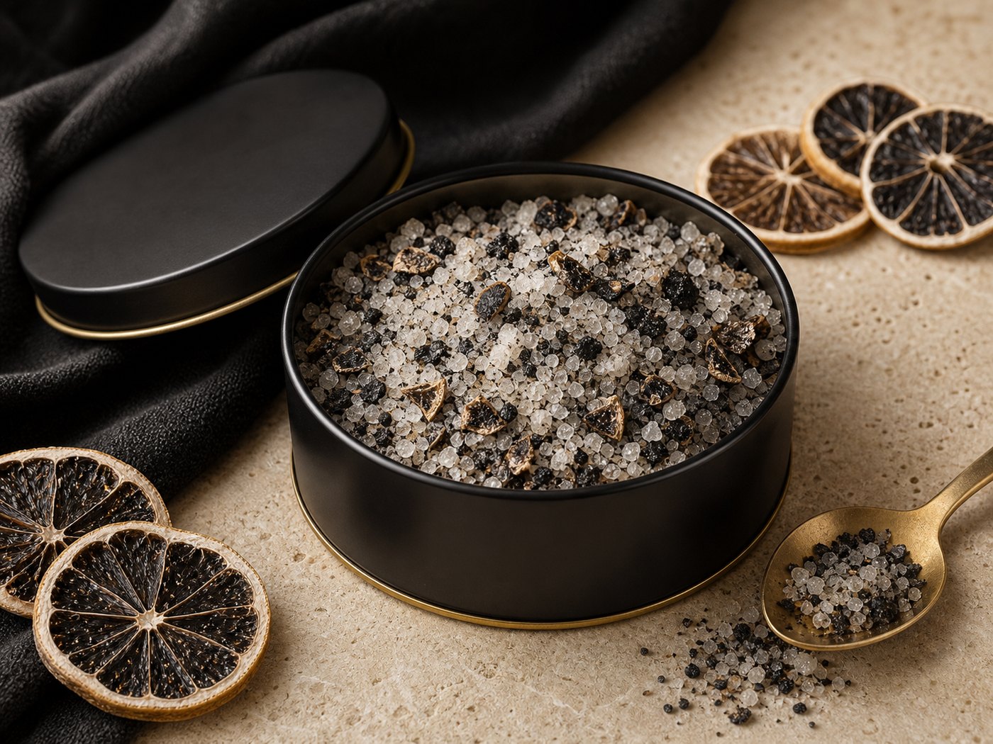 Black Lime Salt finishing blend in a shallow tin