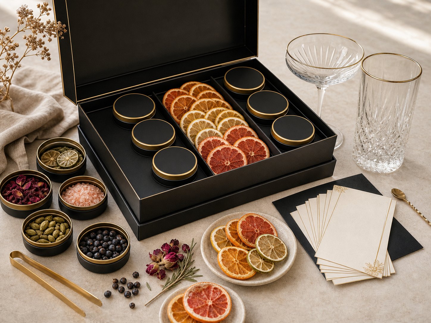 Cocktail Harvest garnish kit with tasting formats, cards and glassware