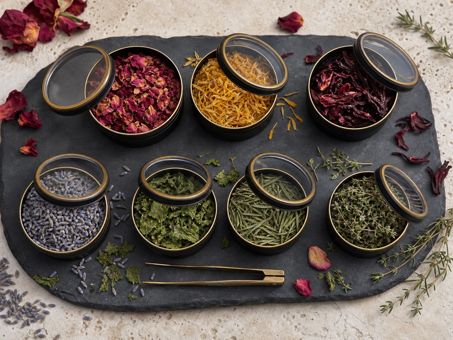 Harvest Botanicals range with dried flowers, herbs, jars and refill pouches