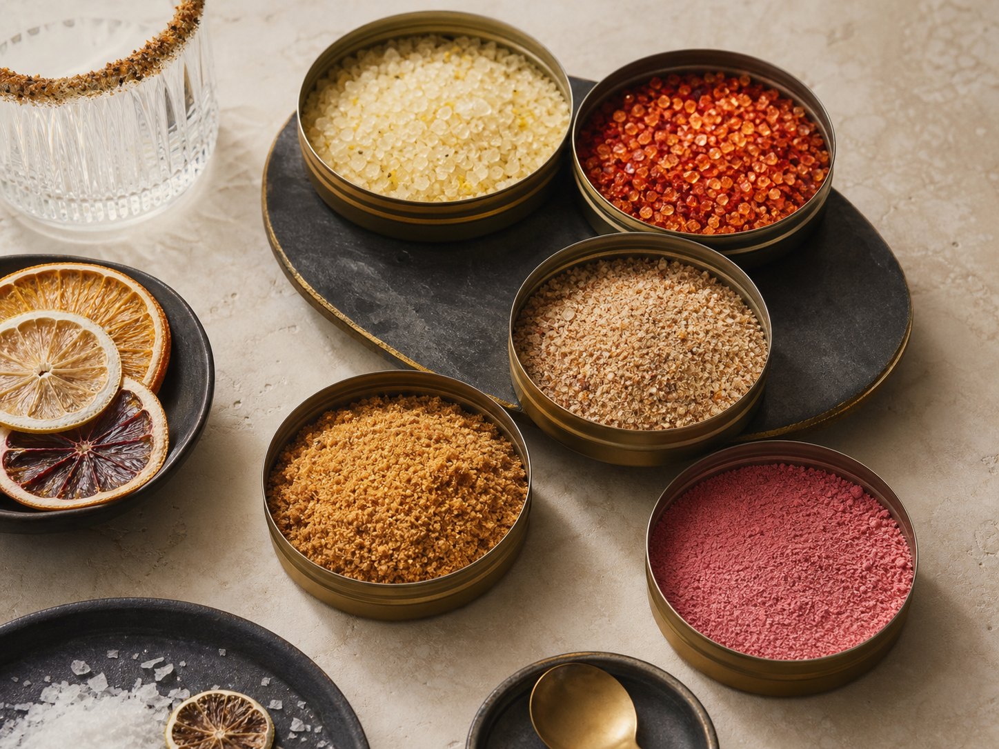 Velvet Finish range with salts, sugars, fruit powders, shallow tins and refill sachets